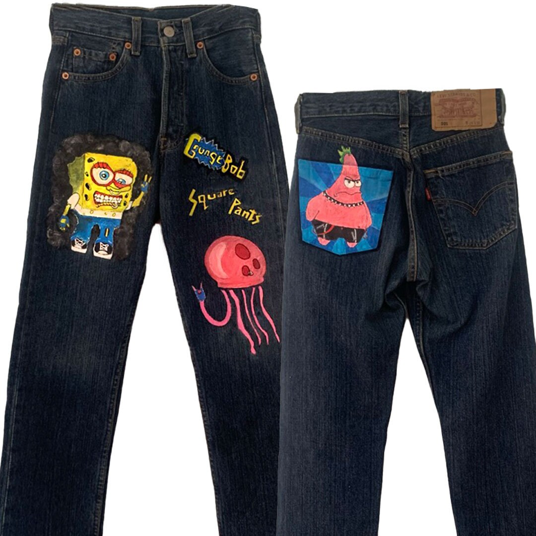 Hand Painted Jeans Pink Jellyfish and Sponge Cartoon Etsy