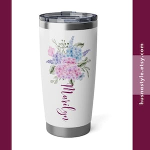 Personalized Hydrangea Tumbler, 20oz Personalized Name Mug, Floral Travel Cup, Customized Drinkware Gift, Floral Tumbler, Hydrangea Gift
