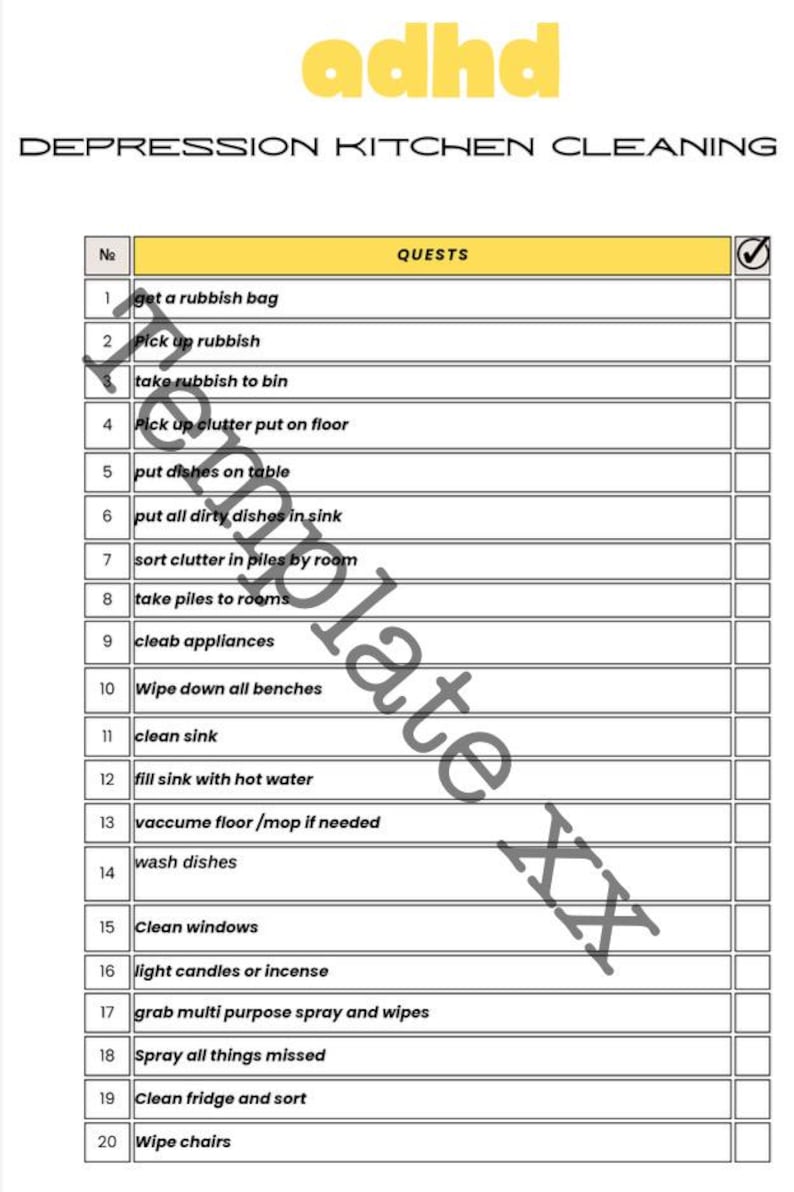 ADHD Depression Cleaning Checklist Kitchen Bathroom Living Room Bedroom