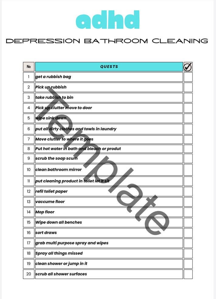 ADHD Depression Cleaning Checklist Kitchen Bathroom Living Room Bedroom ...