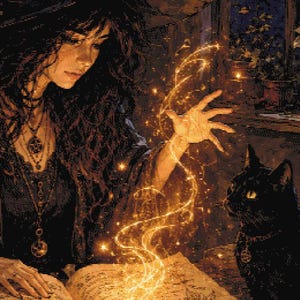 Puede incluir: Una ilustración de tonos oscuros de una persona con un sombrero puntiagudo de ala ancha, proyectando luz dorada desde su mano sobre un libro abierto. Un gato negro se sienta cerca, rodeado de velas, botellas de vidrio y una calavera en un estante.