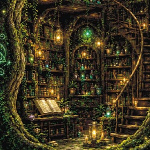 Puede incluir: Una ilustración digital de un tronco de árbol hueco que sirve como biblioteca de varios niveles con escaleras de madera en espiral, numerosas estanterías, linternas brillantes y un libro abierto sobre un escritorio. Un arroyo fluye.