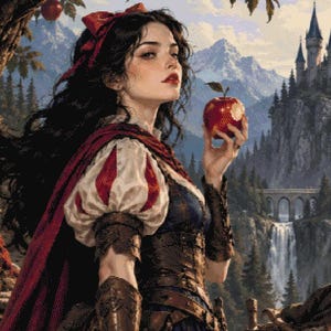 Puede incluir: Una ilustración digital que muestra a una figura central de cabello oscuro largo con un vestido rojo, blanco y azul con capa roja, sosteniendo una manzana roja y una espada. Dos figuras barbudas con capas con capucha están en un bosque.