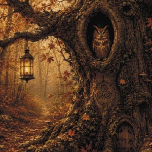 Puede incluir: Un patrón de punto de cruz detallado que representa un árbol grande y antiguo en un bosque otoñal. Un búho se sienta en un hueco del tronco, que presenta una pequeña puerta y un símbolo tallado. Tres linternas brillantes cuelgan de las ramas.