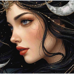 Puede incluir: Una ilustración digital de una persona con cabello largo y negro, ojos azules y labios rojos. El cabello está adornado con cadenas doradas, pequeñas estrellas doradas y tres lunas crecientes plateadas sobre un fondo oscuro.