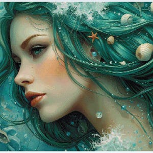 Puede incluir: Una ilustración digital de una persona con cabello largo y fluido de color verde azulado sumergido en agua. El cabello está adornado con varias conchas blancas, pequeñas estrellas de mar y perlas dispersas. Burbujas y espuma rodean la figura, creando un efecto submarino con tonos azules y verdes profundos en toda la composición.
