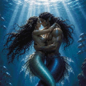 Puede incluir: Una ilustración digital de dos seres marinos abrazados bajo el agua. Una figura tiene una cola verde brillante y la otra una cola azul profundo, ambas con aletas translúcidas, rodeadas de formaciones rocosas oscuras y peces pequeños.