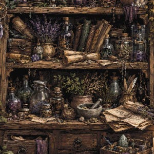Puede incluir: Una estantería de madera llena de frascos de boticario de vidrio, hierbas secas, pergaminos enrollados y libros encuadernados en cuero. Los estantes están adornados con enredaderas, flores moradas, cristales, un mortero y una vela encendida.
