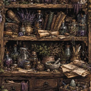 Puede incluir: Una estantería de madera llena de frascos de boticario de vidrio, hierbas secas, pergaminos enrollados y libros encuadernados en cuero. Los estantes están adornados con enredaderas, flores moradas, cristales, un mortero y una vela encendida.