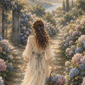Puede incluir: Un vestido largo de color crema con mangas largas y lazo en la cintura, usado por una persona con cabello largo y ondulado. La persona lleva una cesta de mimbre llena de hortensias azules y rosas mientras camina por un sendero de piedra.