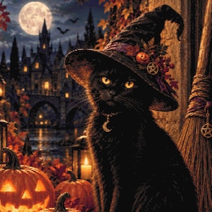 May include: A black cat wearing a pointed witch hat with a crescent moon collar, sitting among glowing jack-o'-lanterns, autumn leaves, and lanterns. In the background, a full moon shines over a dark castle and a stone bridge at night.