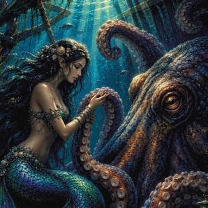 Puede incluir: Una ilustración digital de una sirena con cabello largo y oscuro y una cola azul verdosa brillante interactuando con un pulpo grande bajo el agua. La escena presenta tonos azul profundo, rayos de luz filtrados desde arriba y un cofre.