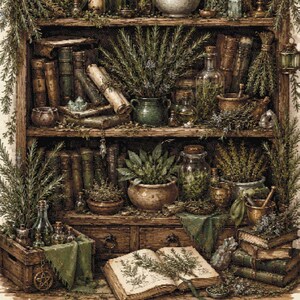 Puede incluir: Una estantería de madera llena de frascos de boticario de cristal, hierbas secas, pilas de libros antiguos, un mortero con mano, una vela encendida y una maceta de cerámica verde. Incluye una caja de madera con botellas pequeñas y un libro abierto.