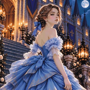 Puede incluir: Una persona con un voluminoso vestido de gala azul con mangas de volantes caídas, un corpiño estilo corsé y una falda de capas con bordados dorados. La persona sostiene un zapato de tacón azul brillante en una de sus manos.