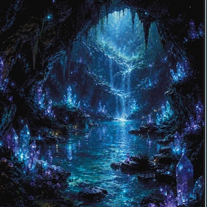 Puede incluir: Una impresión de arte digital enmarcada que representa el interior de una cueva oscura con una cascada azul brillante que cae en un estanque central. El paisaje rocoso está iluminado por numerosos grupos de cristales púrpuras y azules.
