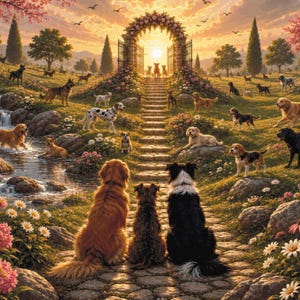 Puede incluir: Una ilustración digital de un camino de piedra que conduce a un arco floral bajo un cielo al atardecer con un arcoíris. Numerosos perros de varias razas están situados a lo largo del camino, cerca de un arroyo y en las colinas del fondo.