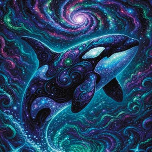May include: A framed digital artwork featuring an orca whale swimming through a swirling cosmic nebula of deep purple, blue, and teal colors. The whale is decorated with intricate spiral patterns, and several starfish are visible at the bottom.