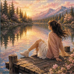 Puede incluir: Una pintura digital de una persona con cabello largo castaño sentada en un muelle de madera junto a un lago. La persona viste un cárdigan rosa claro, una falda blanca y zapatillas de deporte claras. La escena muestra un atardecer y montañas.