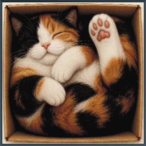Op de afbeelding: Een lapjeskat met zwarte, oranje en witte vacht, opgerold en slapend in een vierkante kartonnen doos. De kat heeft de ogen gesloten, een roze neus en één opgeheven poot met roze voetzooltjes, die de hele ruimte van de bruine doos vult.