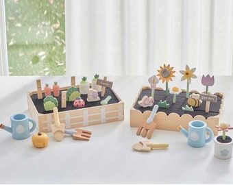 Set da giardino in legno in miniatura con contenitore sensoriale da 18 pezzi, giocattolo per l'apprendimento Montessori Waldorf Homeschool