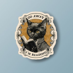 Reading Cat Sticker, Book cat sticker, Black Cat Sticker, Book Lover sticker, Reading sticker, Funny Animal Sticker, Cat Stickers image 1