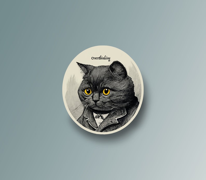 May include: A black cat with yellow eyes wearing a bow tie and a jacket. The cat is looking at the viewer with a serious expression. The text "Overthinking" is written above the cat.
