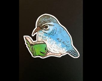 Cute Bird Sticker, Bird reading, Animal stickers, Bird Banned Books Sticker, Blue Bird,  3 inch Vinyl Sticker