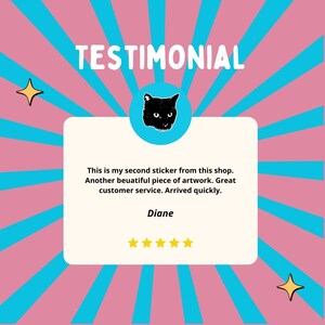 May include: A testimonial graphic with a pink and blue background. The word "TESTIMONIAL" is at the top. A black cat illustration is in a blue circle. The text reads: "This is my second sticker from this shop. Another beautiful piece of artwork. Great customer service. Arrived quickly. Diane."