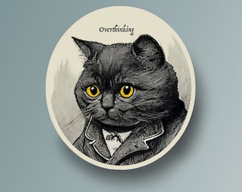 Overthinking Black Cat Sticker: Anxiety Funny Laptop Decal