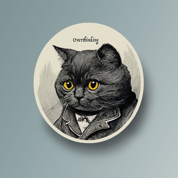 Overthinking Sticker anxiety cat, funny sticker, cat sticker, vintage sticker, laptop sticker, water bottle sticker, gifts under 10