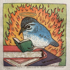 Cute Bird Print Art ,Bird Reading Banned Books Original Etching  Print for Book Lovers