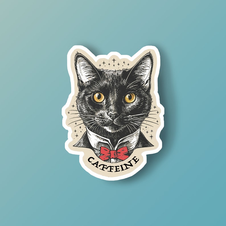 May include: A black cat with a red bow tie and the word "CAFFEINE" written below it. The cat is wearing a white collar and has a white background with stars.