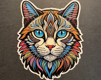 Boho Cat Sticker Rainbow, Cat lover, decal, boho decor, cat mom, psychedelic, tie dye stickers