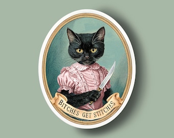 Bitches Get Stitches Black Cat Sticker - Halloween Laptop Decal