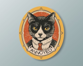 Annoyed Tuxedo Cat Sticker - 3 Inch, Water Resistant
