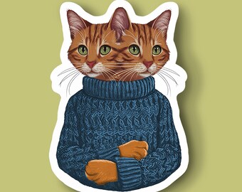 Sticker oranje gestreepte kat in trui - laptopsticker