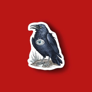 May include: A sticker featuring a detailed illustration of a black crow with an eye symbol on its chest. The crow is perched on a small mound with grass, set against a red background. The crow's eye is light blue.