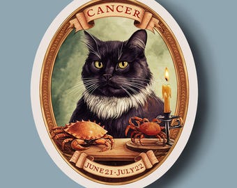 Cancer Zodiac Black Cat Sticker: Water-Resistant Horoscope