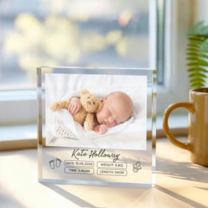 Personalised Newborn Baby Acrylic Block, Custom Photo Name Date Time Weight Length Gift, Birth Stats Keepsake, New Baby Announcement Plaque