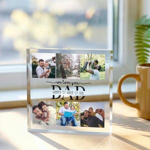 Personalised Father’s Day Acrylic Block with 6 Photos, Custom Dad Gift with Kids Names, Desktop Photo Collage Plaque for Office