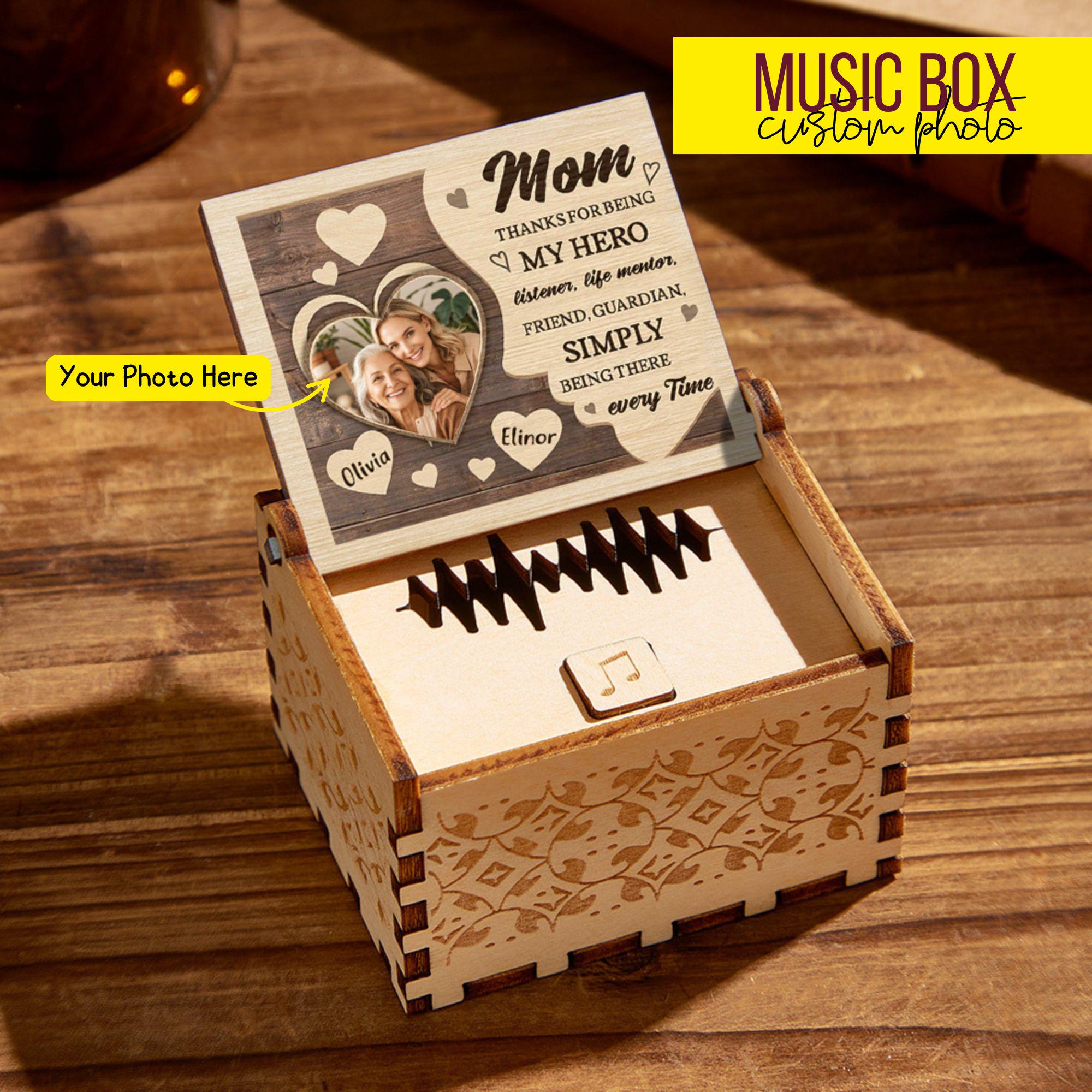 Personalized Music Box Gift for Mom Photo Frame Memory Lid Treasure Present Daughter Photo Keepsake Wood Family Frame Custom Message Heart