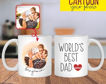 Custom 11oz and 15oz Cartoon Photo Worlds Best Dad Ever Mug, Customisable Creative Fathers Day Mug Gift for Dad