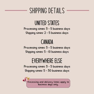 May include: Text on a light pink background reads "SHIPPING DETAILS" followed by shipping and processing times for the United States, Canada, and Everywhere Else. The text is in black, with a pink line above the title.