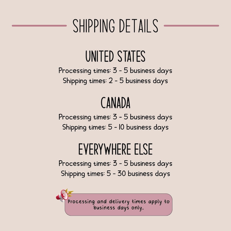 May include: Text on a light pink background reads "SHIPPING DETAILS" followed by shipping and processing times for the United States, Canada, and Everywhere Else. The text is in black, with a pink line above the title.