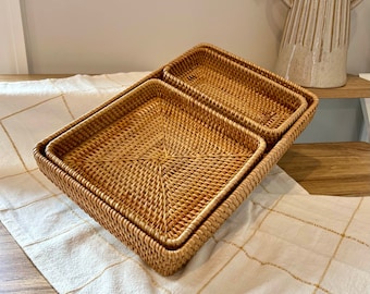 Rattan Woven Tray Decorative Handmade Tray for Serving Fruit Basket Rectangular Dry Fruit Platter Bread Storage Baskets Bin Montessori Trays