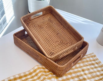 Large Rectangular Basket with Handle Rattan Woven Bread Storage Baskets Trays for Coffee Table Ottoman Serving Trays Wedding Gifts for Her