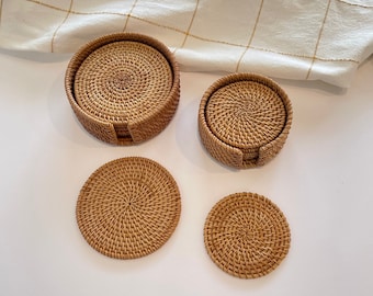 Wicker Woven Coasters Set Rattan Wood Coasters Rustic Home Decor Coffee Mug Rug Tea Cup Mat Placemats 6 Drink Coasters with 1 Holder 4in 5in