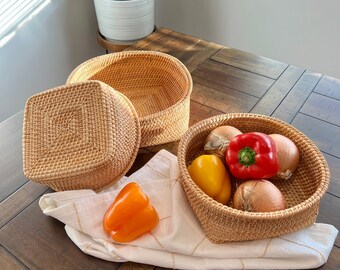Rattan Storage Basket Handmade Fruits Baskets Bowls Hand Woven Wood Serving Trays Vegetable and Bread Bins New Home Decor Housewarming Gifts