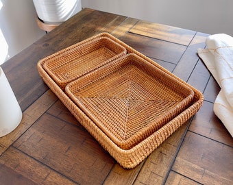 Rattan Woven Tray Rectangular Wicker Wooden Tray Fruits Basket Set Storage Wood Serving Tray Dry Fruit Platter Snack Breakfast Organizer Bin