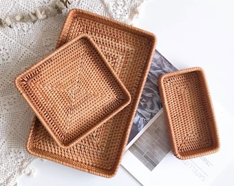 Woven Tray Rectangle, Wicker Wooden Serving Tray, Rattan Fruits Basket, Dry Fruit Platter Tray, Montessori Trays, Bread Baskets Storage